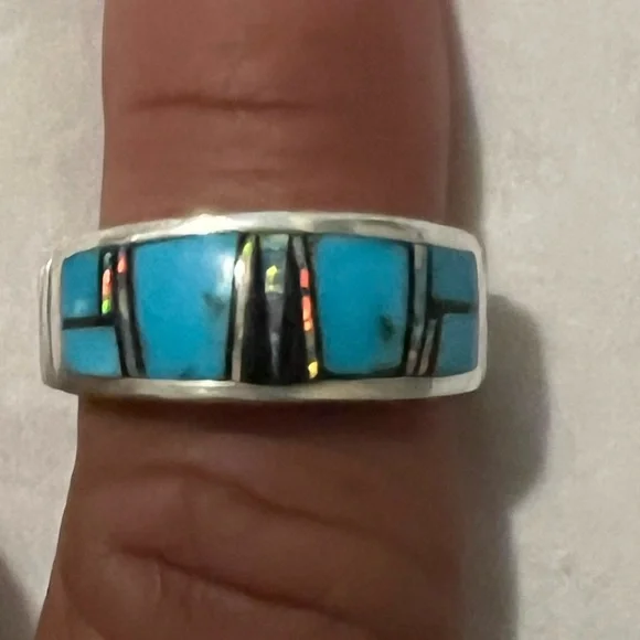 Men’s Sterling Silver Turquoise Mutli-inlay stone Ring - Picture 1 of 4